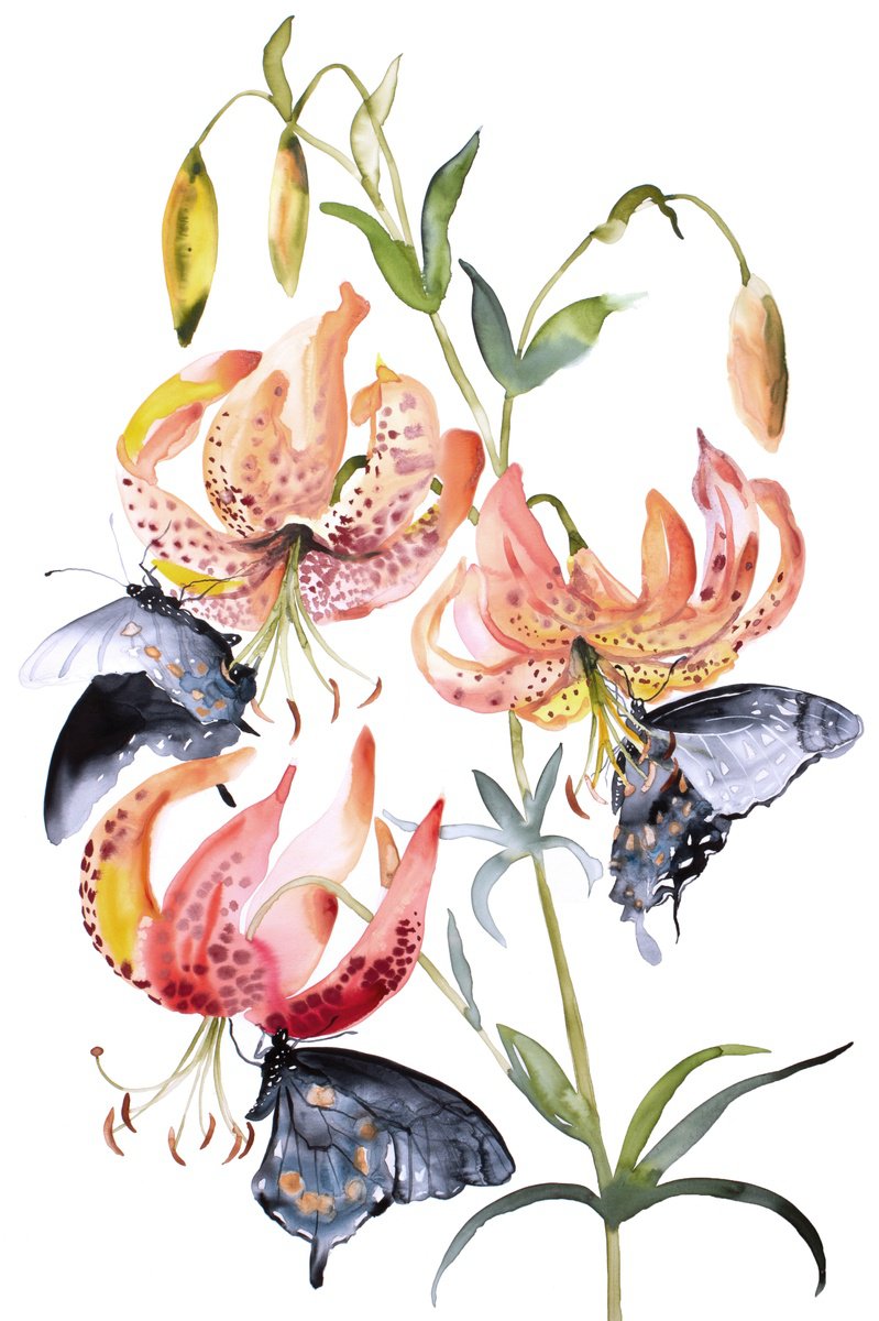 Expressive Watercolour , Lilies And Swallowtails By Elizabeth Becker, 24 X 36, Artwork For Sale On Artfinder