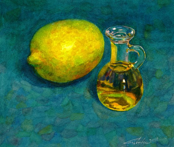 Lemon and oil still life