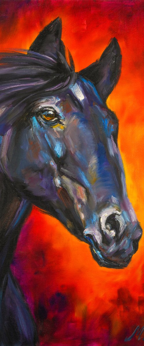 FIRE HORSE - Stallion. Noble animal. Black horse. Trotter. Running horse. Abstract background. Force. Loyalty. Endurance. by Marina Skromova