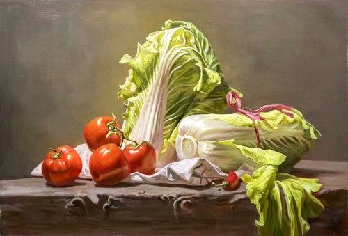 Still life:Chinese cabbage and tomato by Kunlong Wang