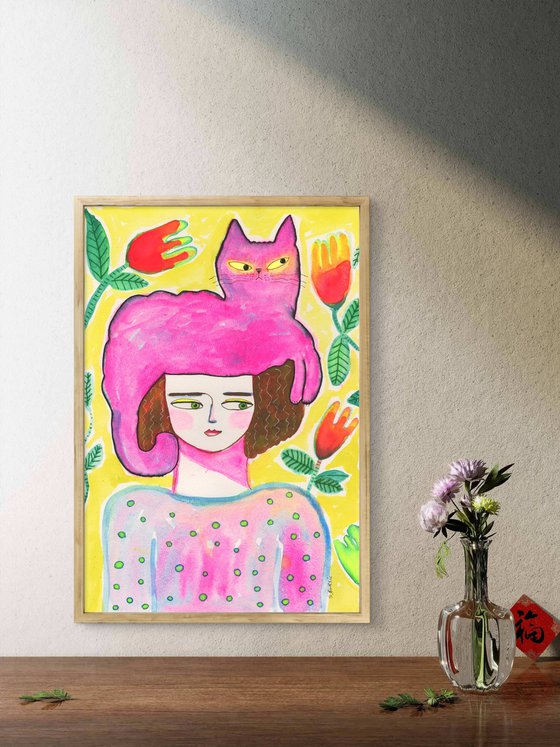 Cat lady with pink cat on head folk art