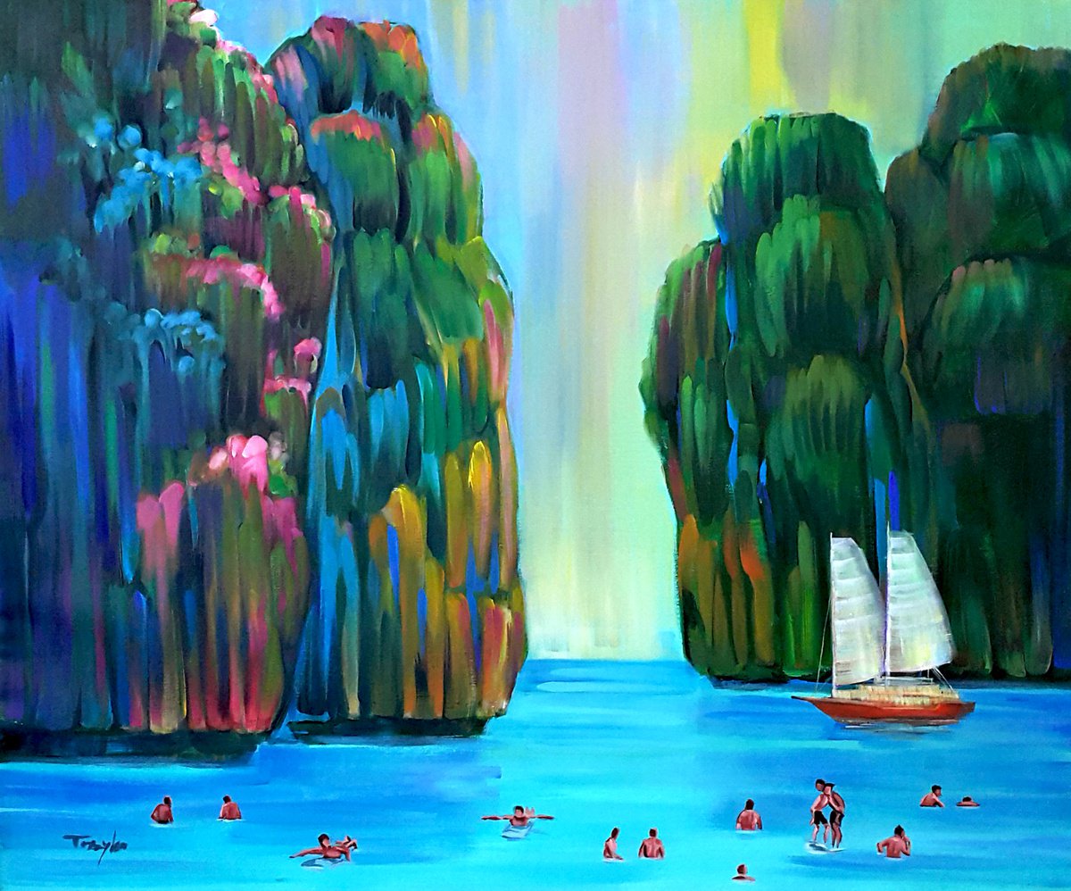 Impressionistic Landscape Acrylic Painting By Trayko Popov, 39 X 31", Last Day Of Summer Vacation, Original Artwork