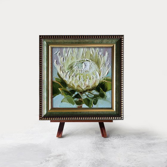 Small painting 4x4 framed white protea flower art original, Unique protea wall art, Floral art oil painting gift for girlfriend