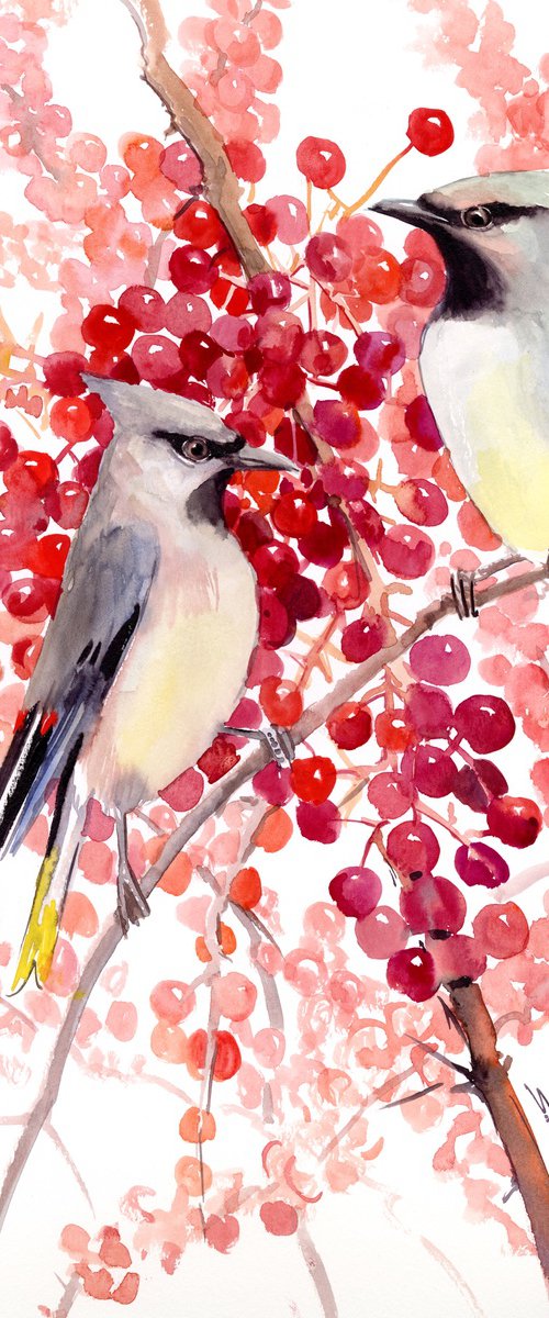 Waxwing Birds and Berries by Suren Nersisyan