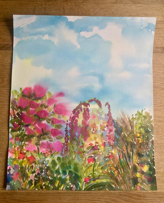 Blue sky, foxgloves, pink roses, grasses