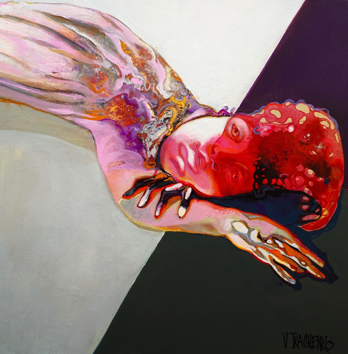 Organic Portrait Acrylic Painting By Victor Tkachenko, 24 X 24", Lava Girl, Original Artwork