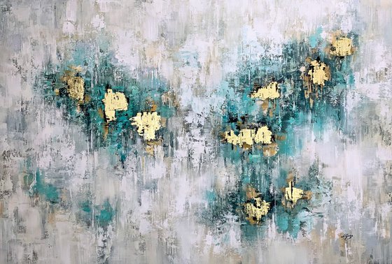 Mint Veil - Abstract Painting 60" x 40" Large Abstract Gold Leaf Soft Colors White Gray Painting