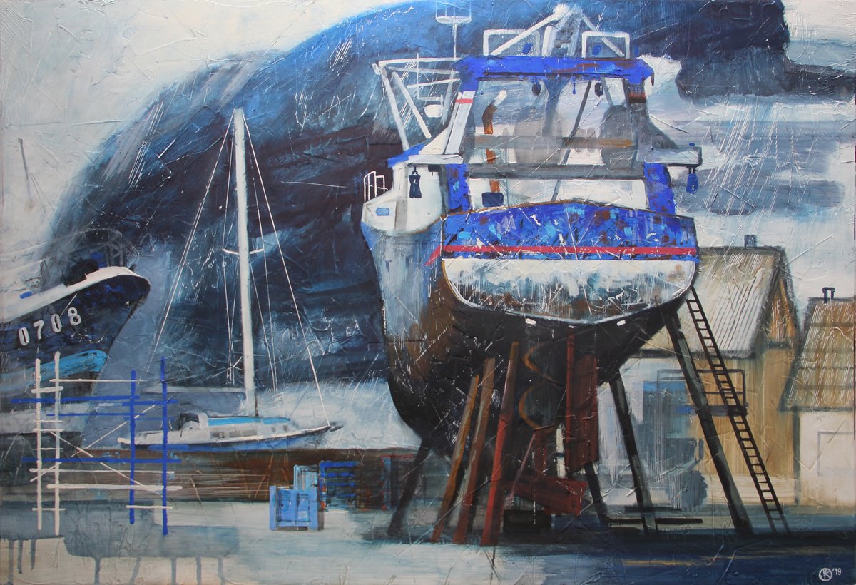 Impressionistic Landscape Acrylic Painting By Olga Kataeva-Rochford, 39 X 28", Facing The Ocean, Original Artwork