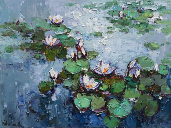 White Water Lilies in pond -  Original Oil painting