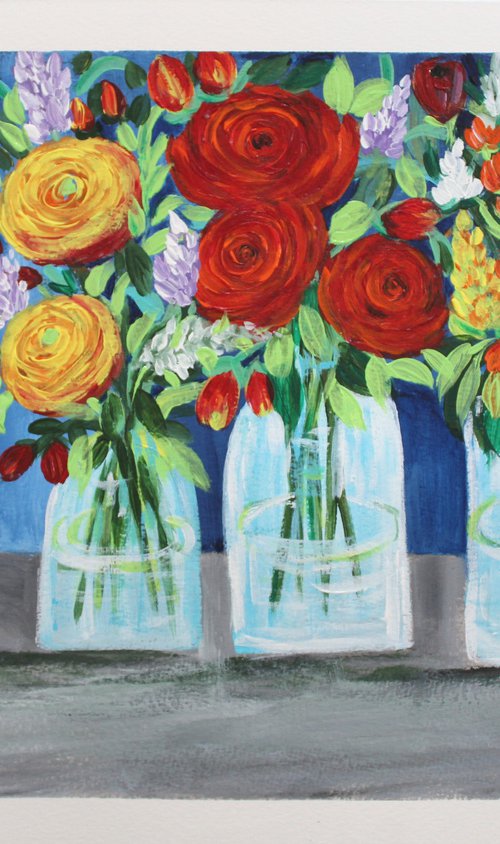 Still Life Florals - Happiness - Colourful floral bouquet in vases- Acrylic painting of flowers by Vikashini Palanisamy