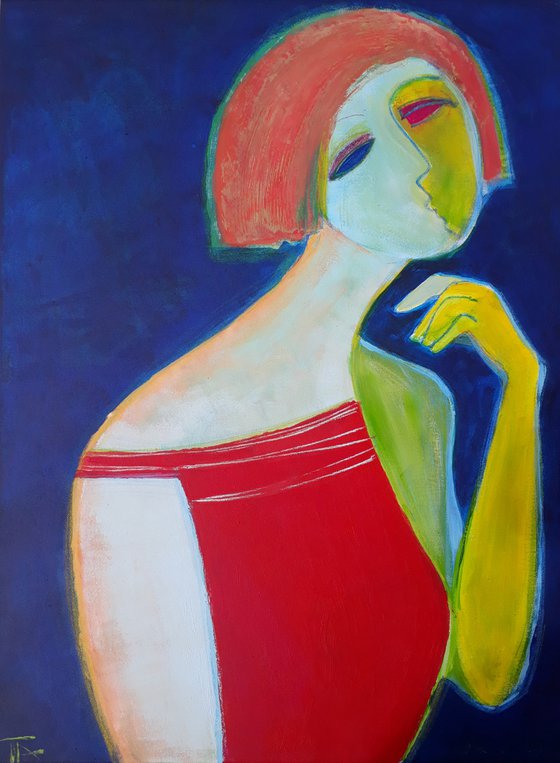 Woman in a red dress.