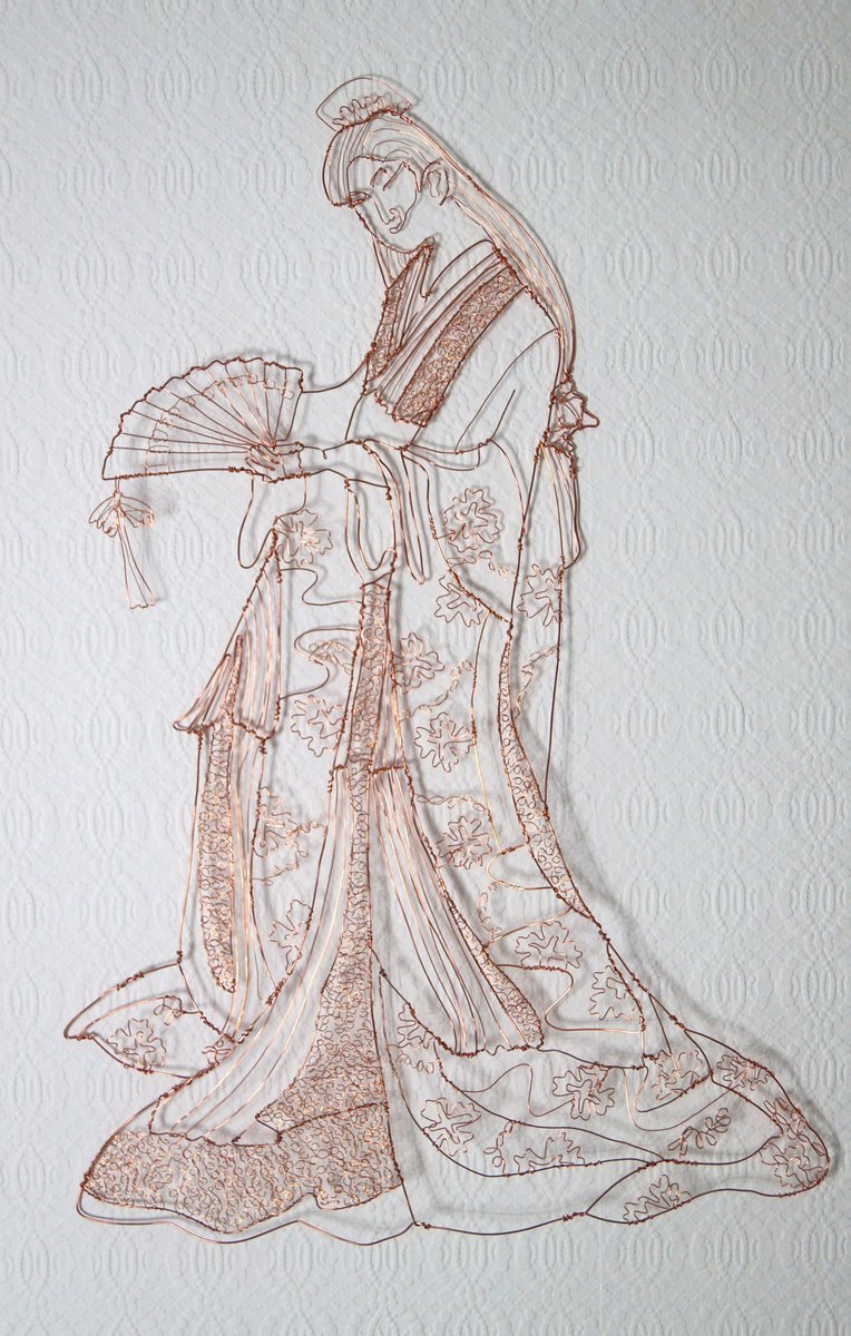 Expressive Portrait Sculpture By Jane Tilley, 19 X 28, Japanese Geisha Wire Sculpture, Original Artwork
