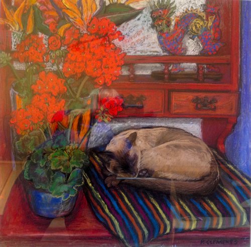 BOB THE CAT ASLEEP ON THE DRESSER by Patricia Clements
