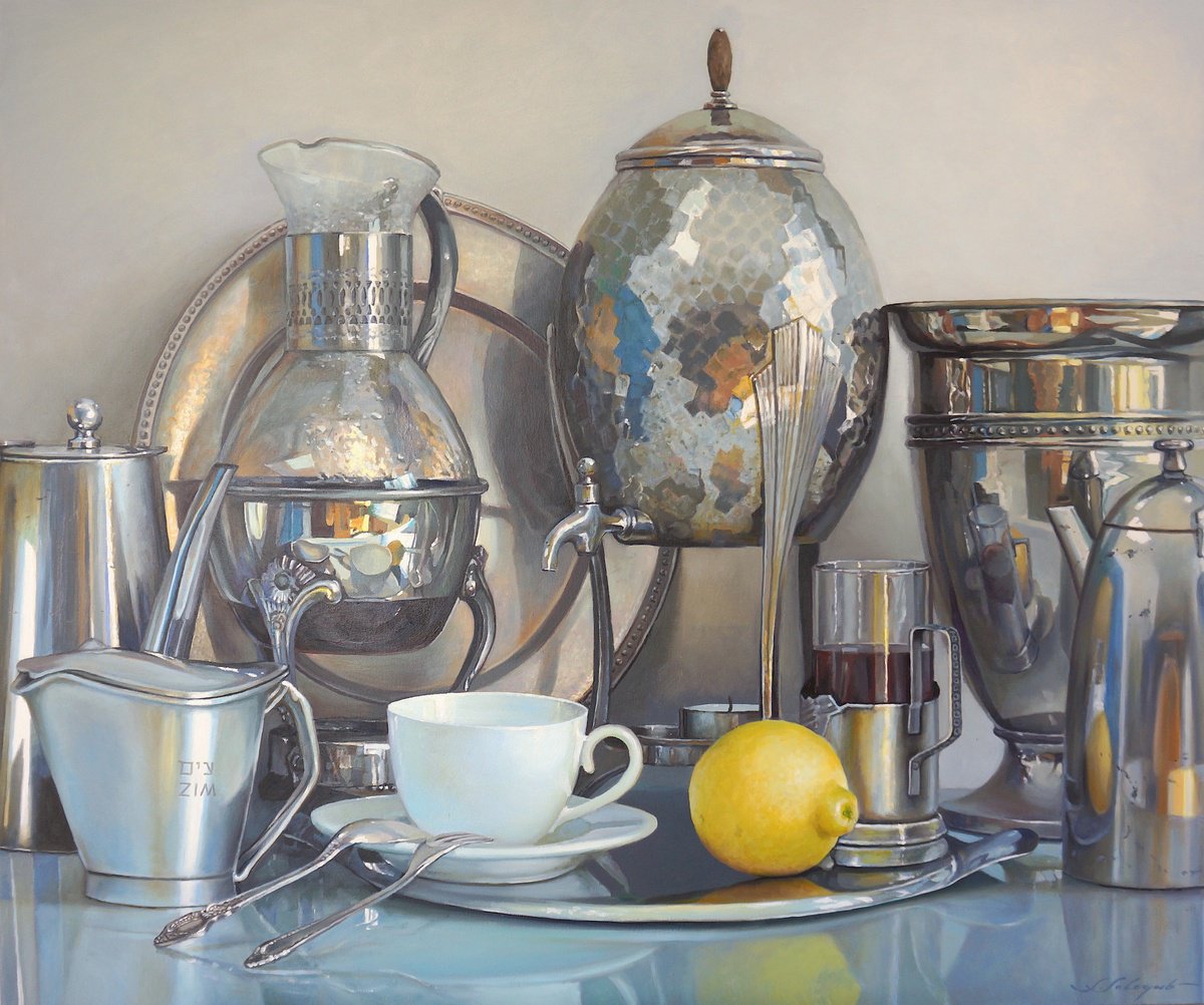 Photorealistic Still Life Oil Painting By Sergej Sologub, 47 X 39", Silbernes Licht, Original Artwork