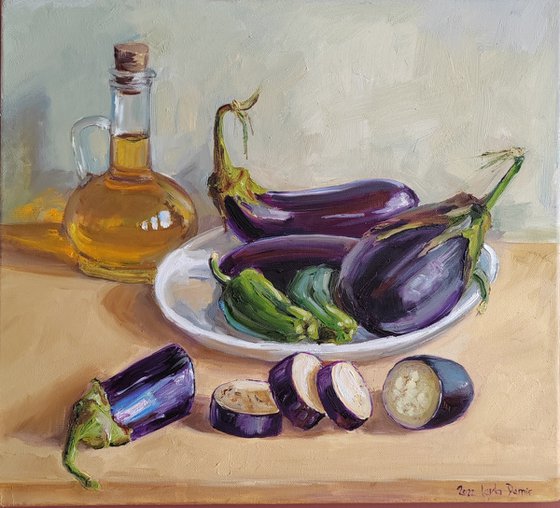 Blue Eggplant Vegetables in a Plate with olive oil still life painting