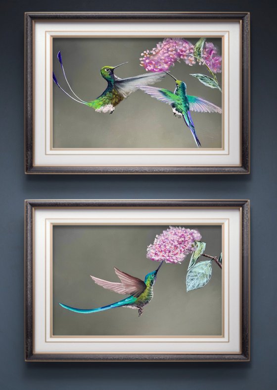 Colibri Flowers Diptych Pastel