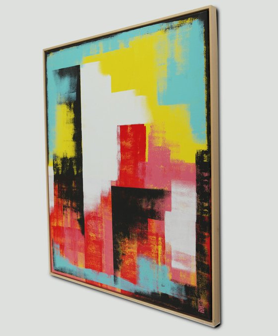 Vertical Abstract Painting - Incl Frame - Untitled in Yellow & Red - 95x115cm - Ronald Hunter - 06J