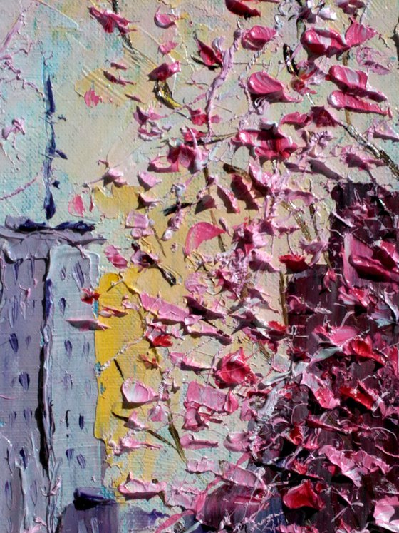 New York Painting Cityscape Original Art Yellow Taxi Oil Impasto Artwork Flowering Sakura Small Home Wall Art