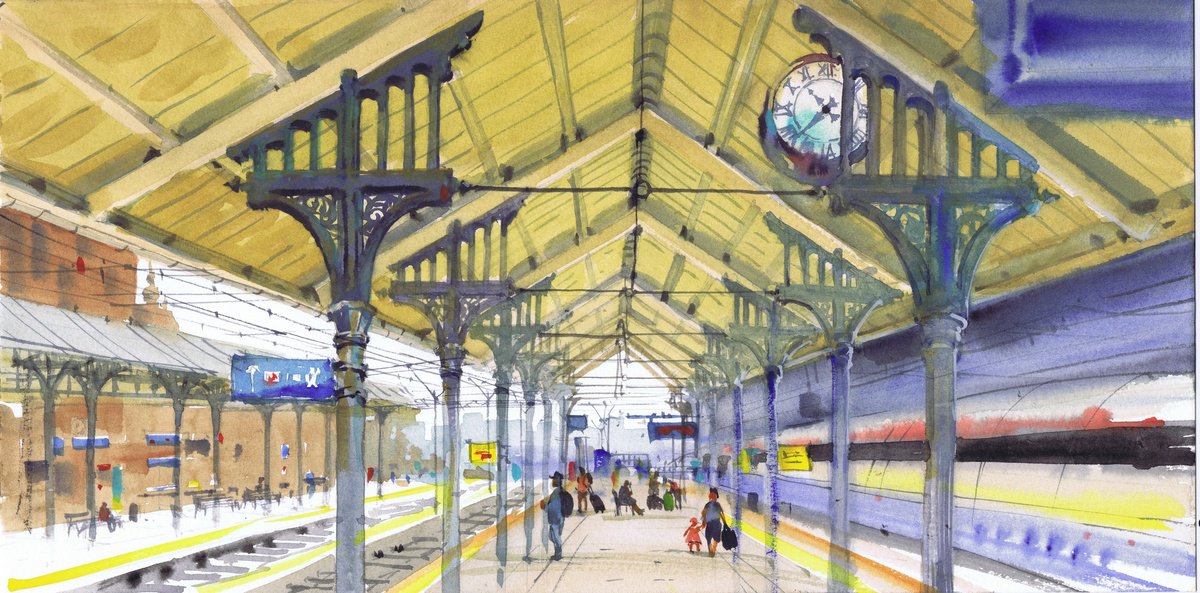 Expressive Transport Watercolour By Samira Yanushkova, 16 X 8", Awaiting The Journey, Original Artwork