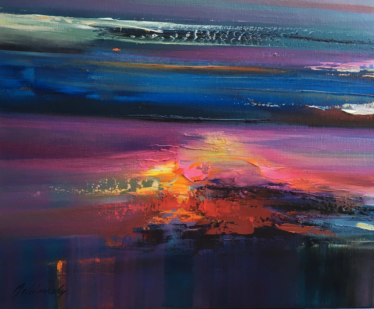 The way Home - 60 x 60 cm, abstract landscape oil painting in purple and pink