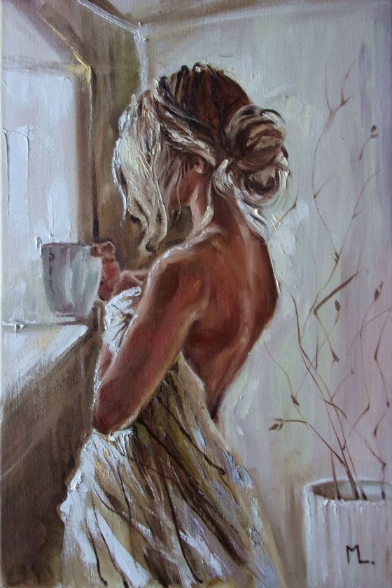 " FRESH MORNING COFFEE  " - 40x60cm original oil painting on canvas, gift, palette kniffe