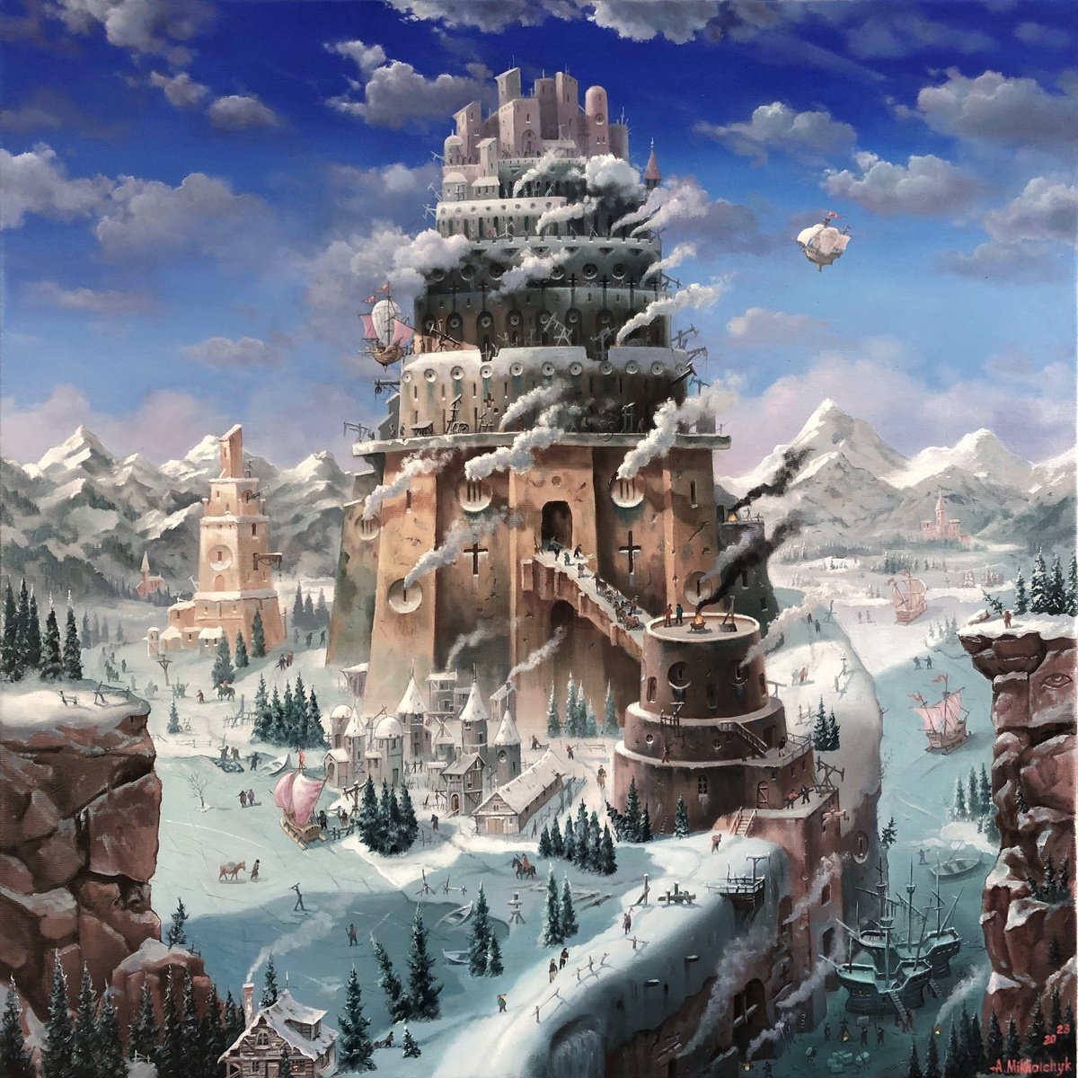 Photorealistic Cityscapes Oil Painting By Alexander Mikhalchyk, 28 X 28, Tower Of Babel. North., Original Artwork