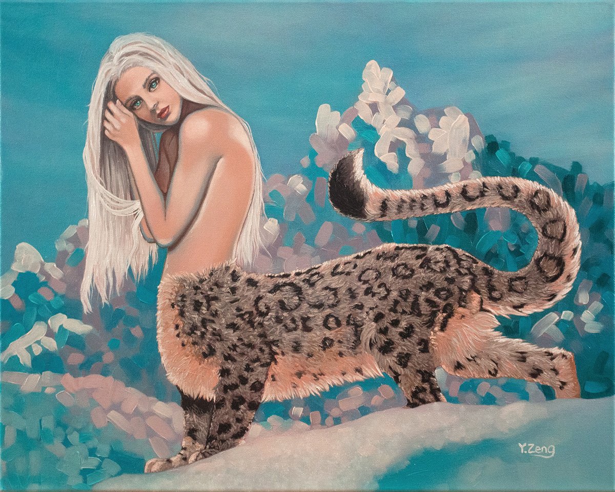 Surrealistic Animal Oil Painting By Yue Zeng, 20 X 16", Leopard Woman, Original Artwork