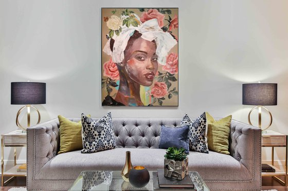 Mysterious Rose - Mary Ann - Vibrant Atmosphere - Art-Deco - Portrait - XL LARGE PAINTING