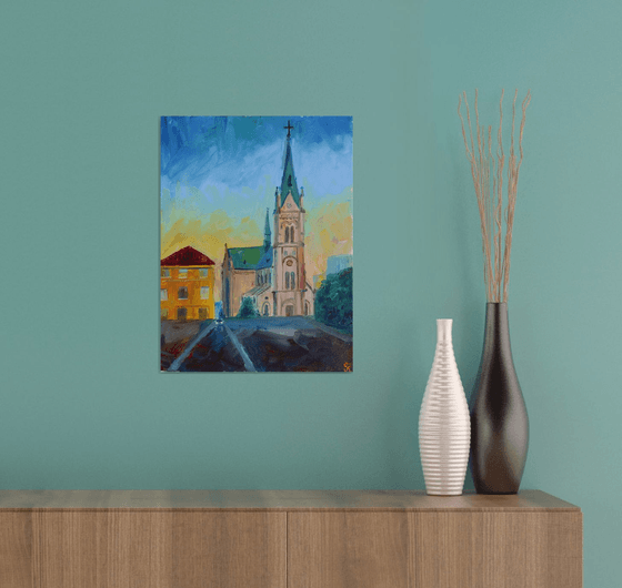 Oil painting Church Blumental in Bratislava, sunset in Slovakia