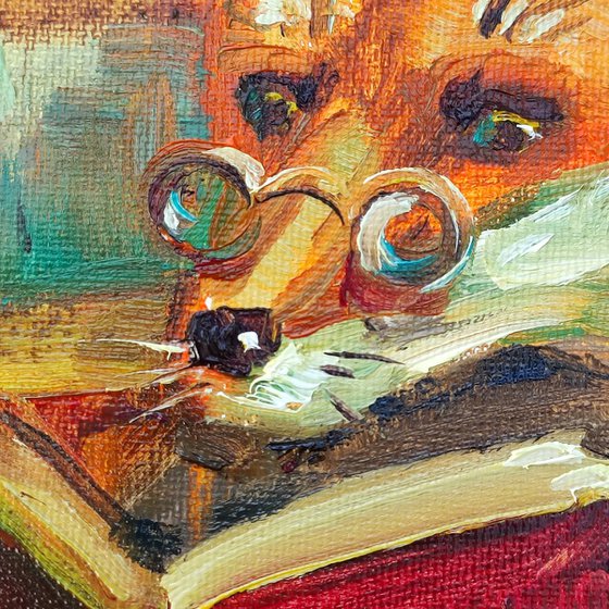 Fox is Reading a Book. Oil Painting