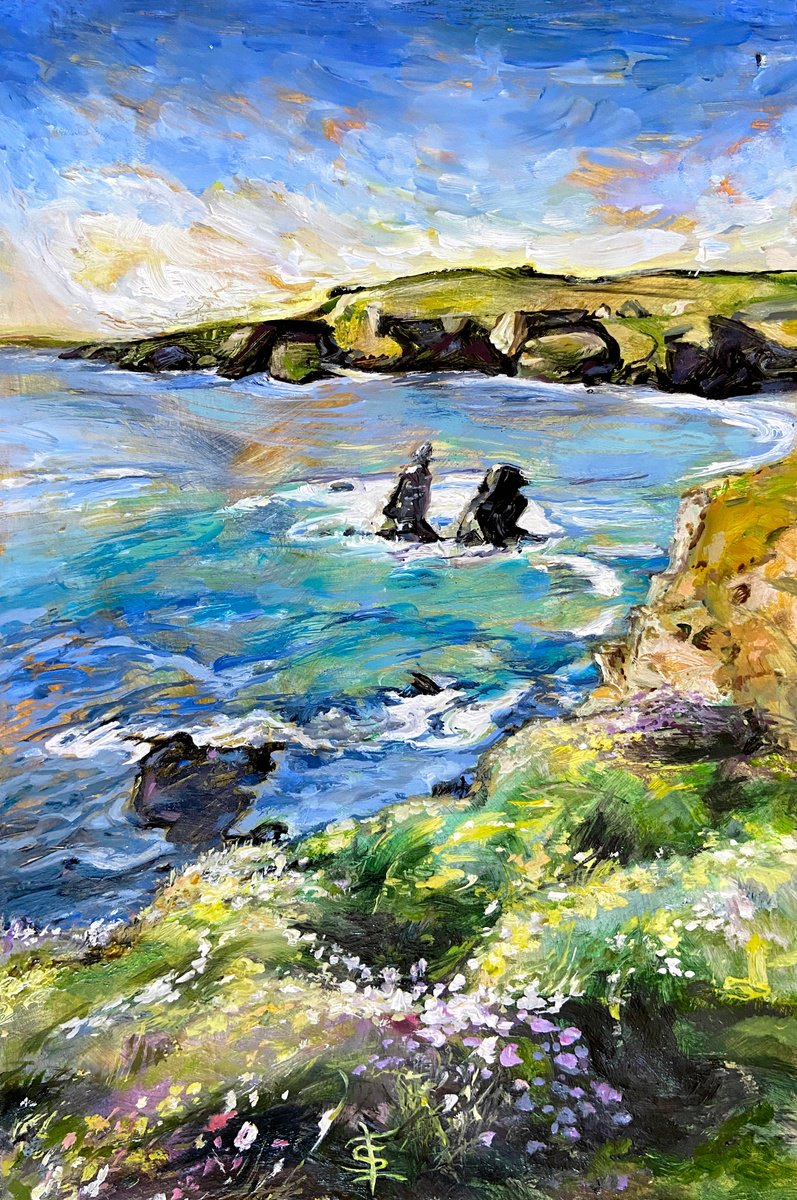 Impressionistic Landscape Oil Painting By Elvira Sesenina, 8 X 12, Porthcothan Bay, Original Artwork