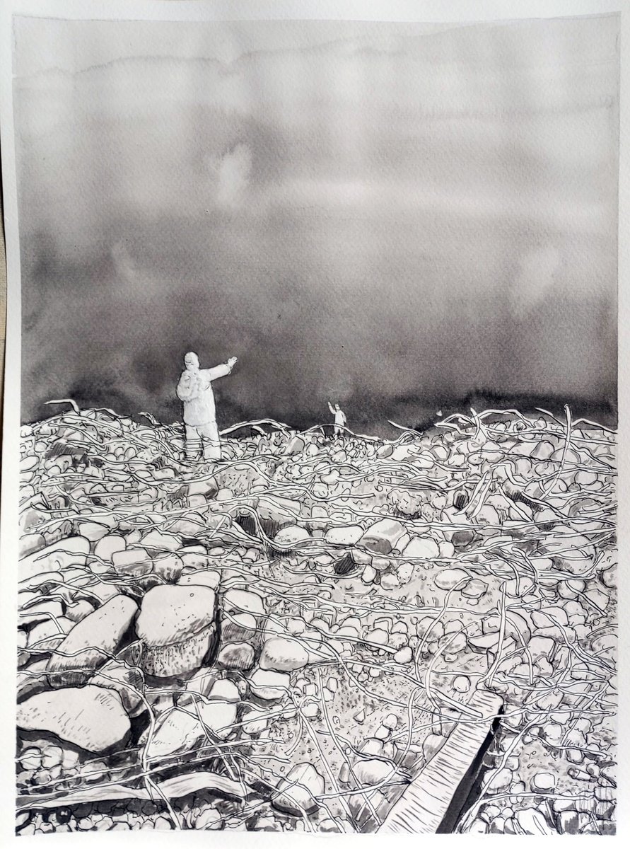 Illustrative Landscape Drawing By Paolo Beneforti, 12 X 16", I Met A Man On The Rubble, Original Artwork