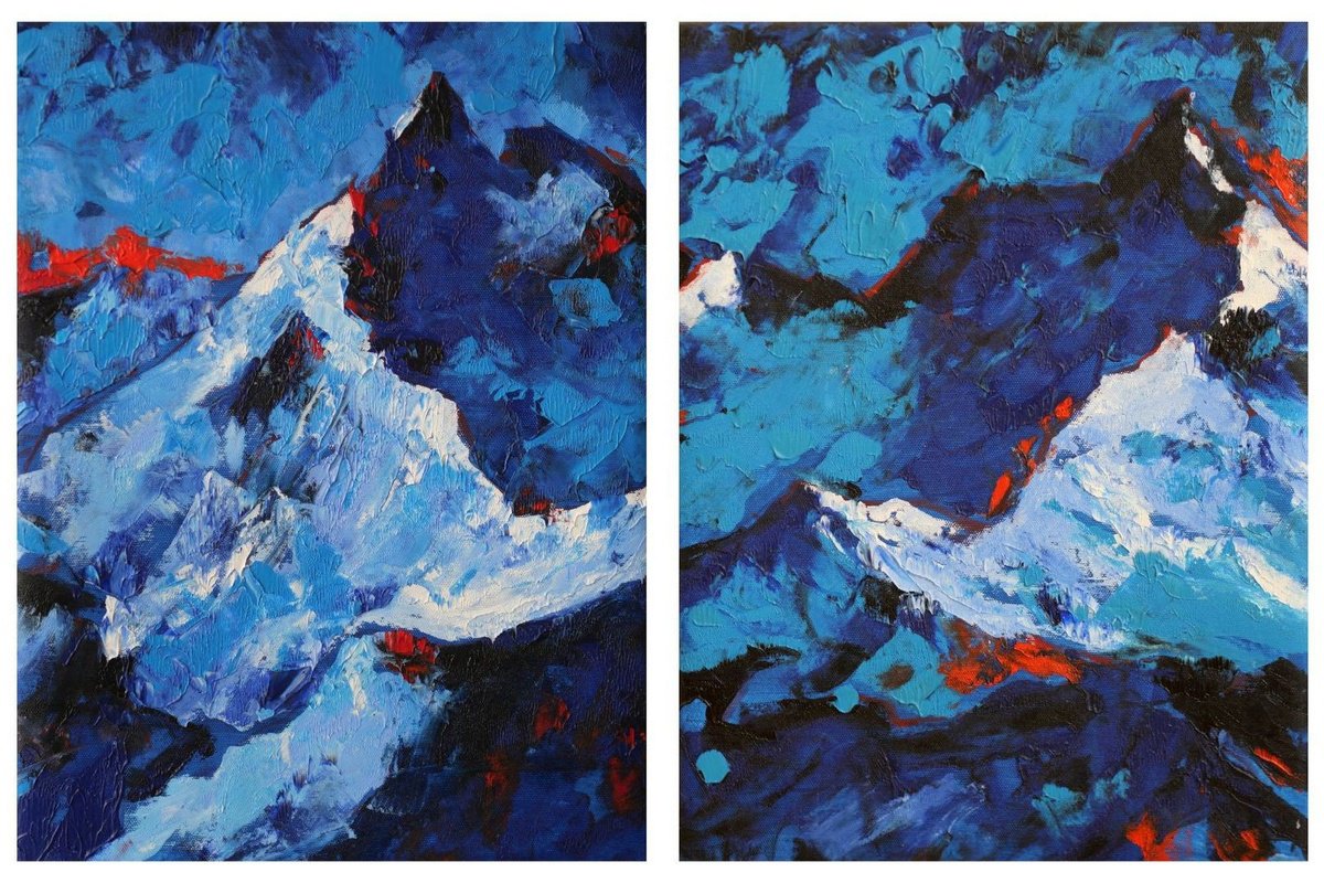 Expressive Landscape Oil Painting By Alfia Koral, 24 X 16, Frozen Peaks - Diptych, Original Artwork