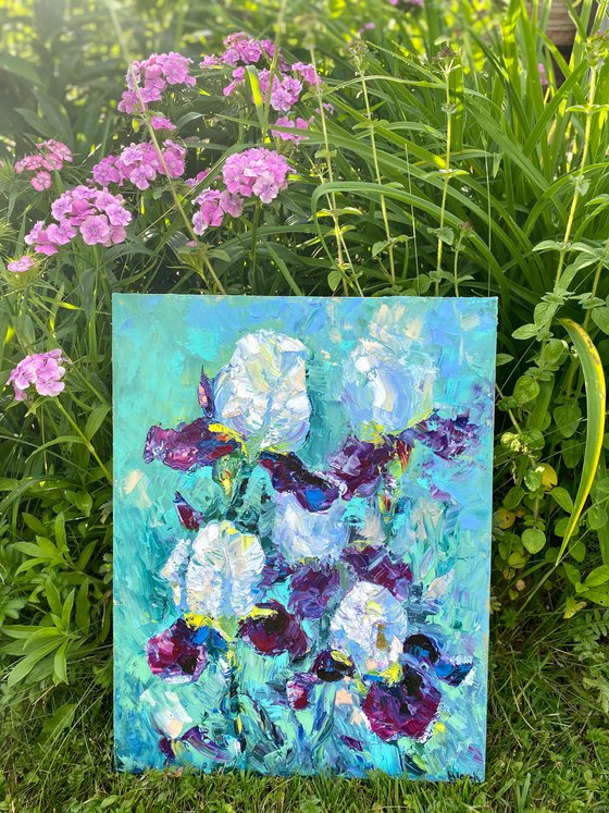 Iris - A pleasure of light, 35*45cm, impressionistic flowers oil painting in violet and turquoise