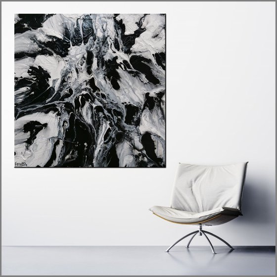 Marbled 120cm x 120cm Black White Abstract Art