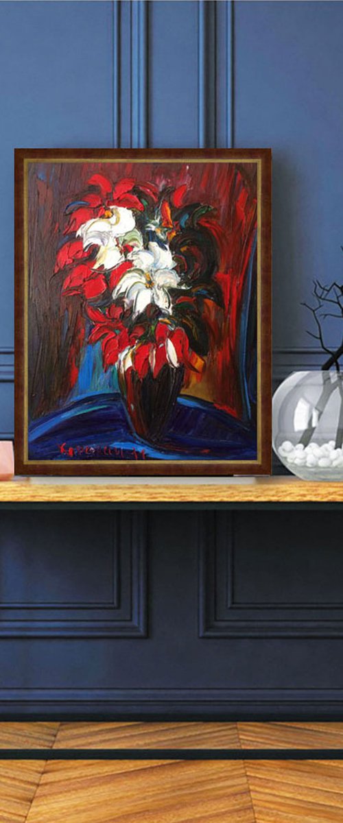 BOUQUET - still life with flowers,  red black blue, floral art,  original oil painting, winter flowers,  impressionism art office interior home decore, small size gift 70x55 by Karakhan