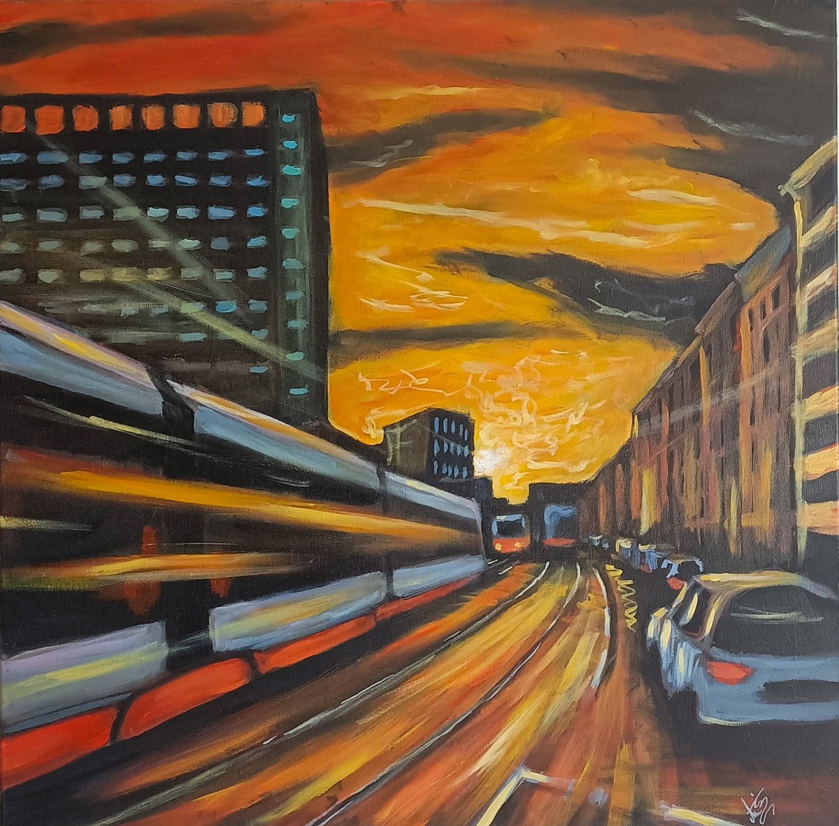 Urban And Pop Cityscapes Acrylic Painting By Tiziano Marasco, 28 X 28", DS?m Radost, Original Artwork