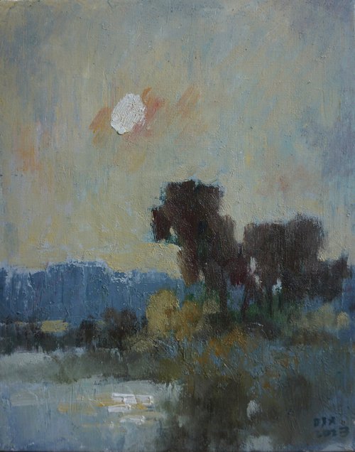 Original Oil Painting Wall Art Signed unframed Hand Made Jixiang Dong Canvas 25cm × 20cm Landscape Morning by the  Sunset Over the Mesopotamia Valley Oxford Small Impressionism Impasto by Jixiang Dong