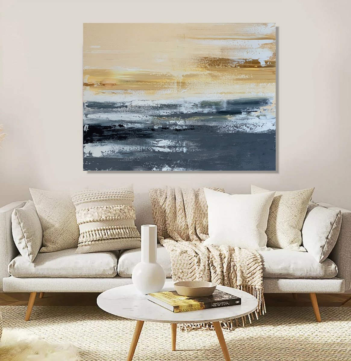 Expressive Landscape Acrylic Painting By Tatiana Malinovscaia, 39 X 31", Golden Ocher Smoky Grey, Original Artwork