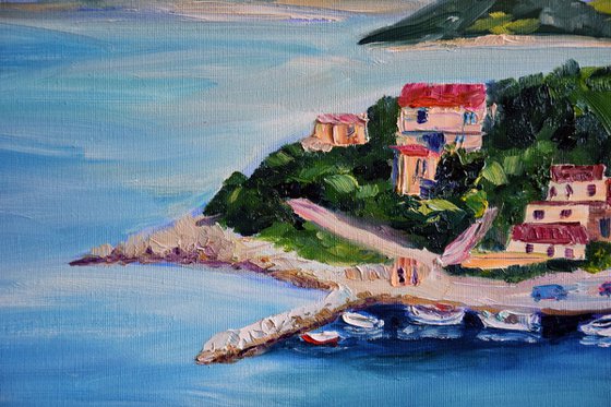 Ships seascape large oil painting on canvas, Greece panorama, coastal home decor