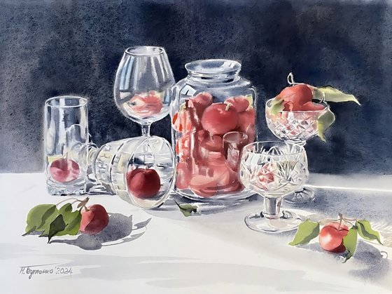 Apples in glass, watercolour