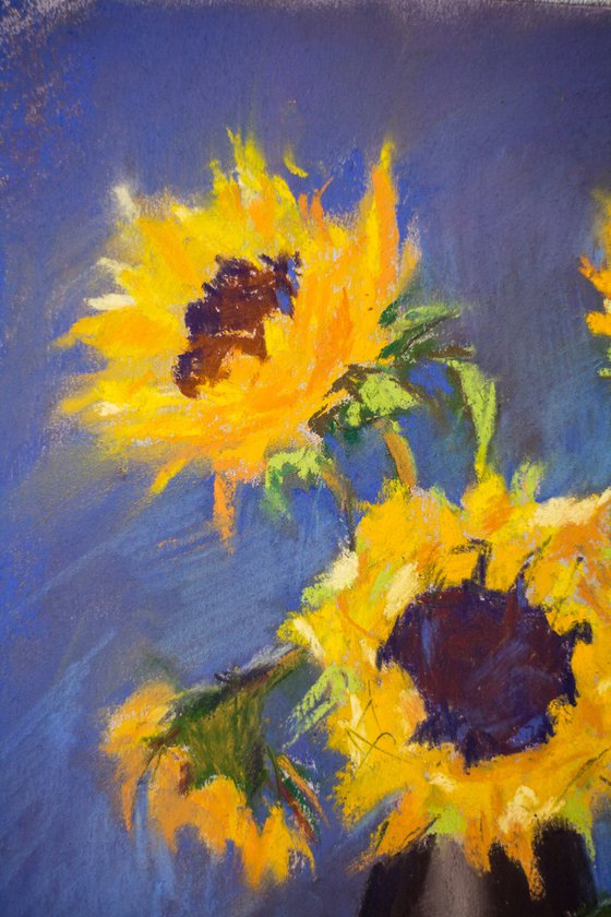 Sunflowers on a blue background. Small dry pastel drawing bright colors original art