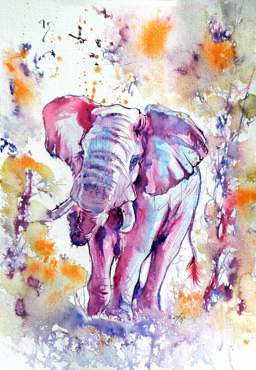 Impressionistic Animal Watercolour By Kovacs Anna Brigitta, 10 X 14", Elephant Ii, Original Artwork