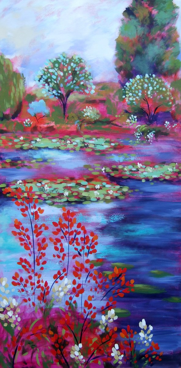 Impressionistic Landscape Acrylic Painting By Karen Rieger, 30 X 60", Abiding Light, Original Artwork