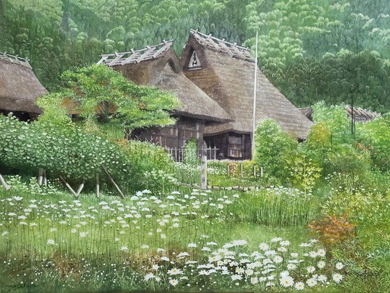 Thatched Houses with Wildflowers 30x40cm