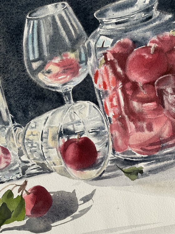 Apples in glass, watercolour