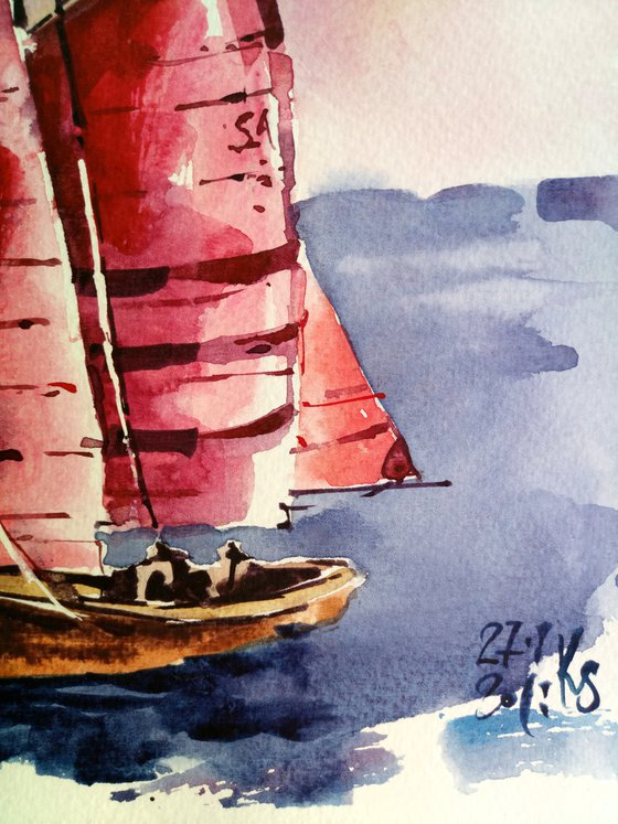 "Scarlet sails" seascape with a yacht against the sunset sky watercolor painting