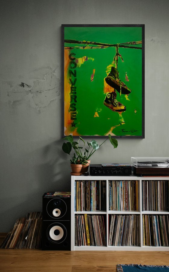 Green vertical painting - "CONVERSE" - Pop Art - Street Art - Sneakers - Urban Art - Electric wires