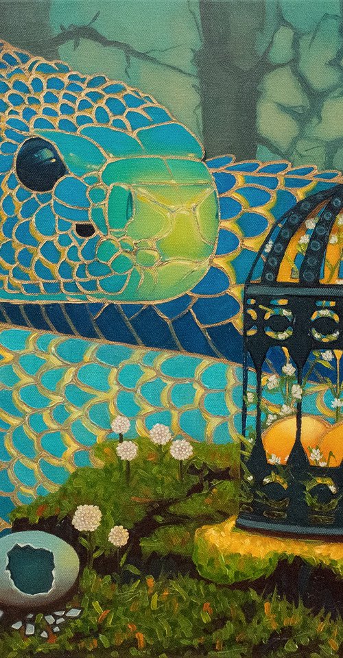 Blue serpent and glowing eggs by Yue Zeng
