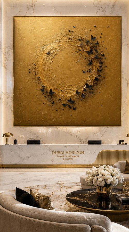 Black Butterflies in a Gold Circle by Indie Ru